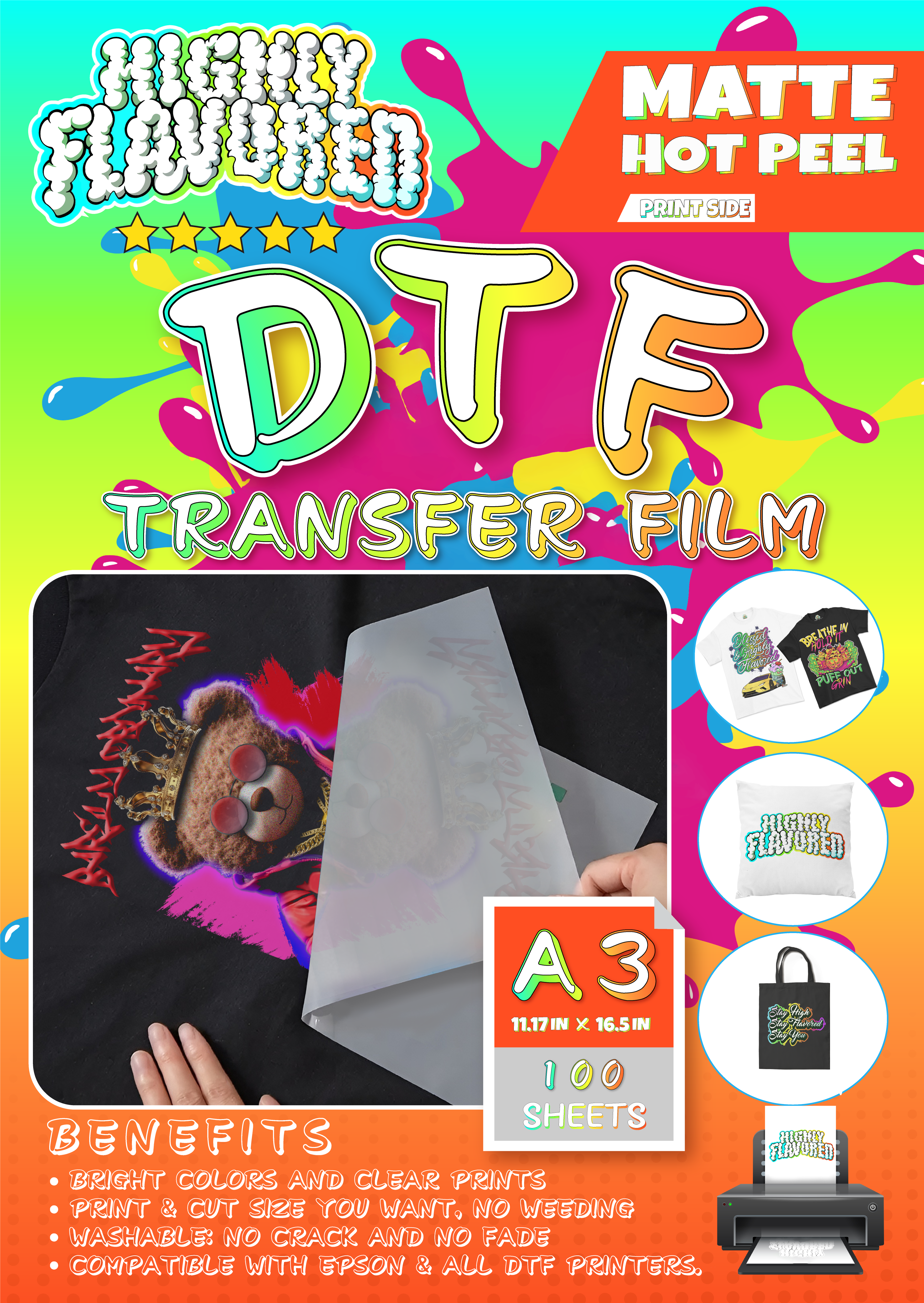  100 Sheets A3 DTF Transfer Film (11.7 x 16.5 Inches